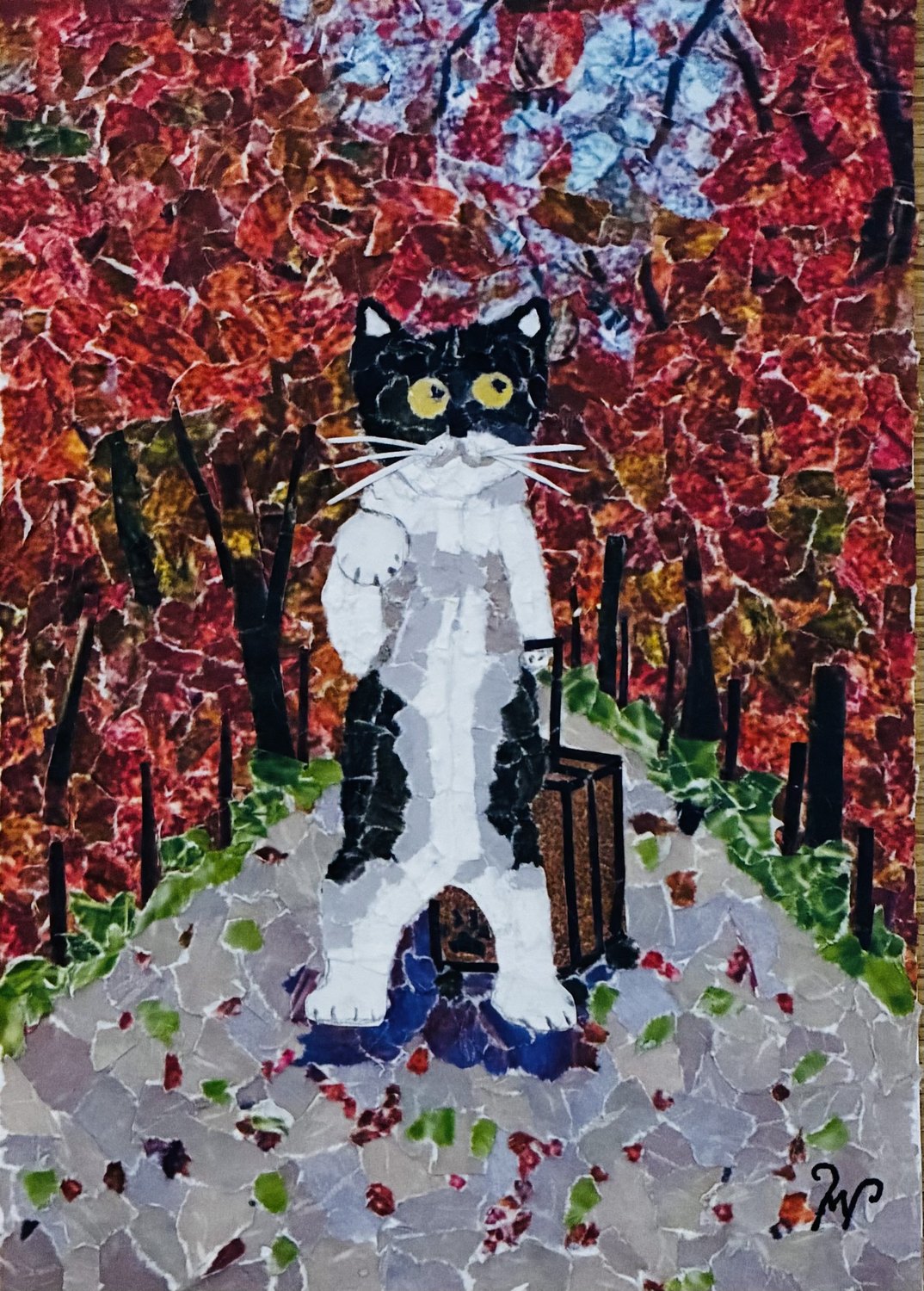 猫の絵「猫旅（ちぎり絵）」